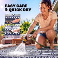 Outsunny 9' x 18' Outdoor RV Rug, Reversible Patio Floor Mat with Carry Bag, Geometric Wall, Blue and White(m-5)
