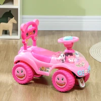 Qaba Foot to Floor Toddler Push Car w/ Horn, Light, Music, Anti-Over-Backwards Device & Underseat Storage, Pink(m-10)