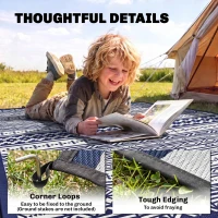 Outsunny 9' x 18' Outdoor RV Rug, Reversible Patio Floor Mat with Carry Bag, Geometric Wall, Blue and White(m-6)
