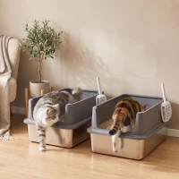 PawHut 2 Pack XL Stainless Steel Litter Box with Scoops, High Sided, for Big and Multiple Cats, Anti-Urine Leakage(m-1)