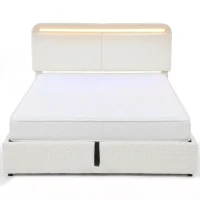 HOMCOM Queen Size Bed Frame with Charging Station, LED Lights, Adjustable Headboard, Upholstered Platform Bed Frame White(m-2)
