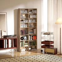 HOMCOM 9-Tier DVD Shelf with 18 Compartments and 14 Adjustable Shelves, Holds 640 CDs, 360 DVDs or 430 Blu-rays, Natural Wood(m-1)