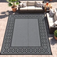 Outsunny Outdoor Rug for Patio, 9' x 12' Waterproof Large Mat, Reversible Plastic Straw Rug for Decor, Portable Outside RV Camping Area Carpet Mat for Backyard Porch Deck Picnic, Black & Gray Border(m-2)