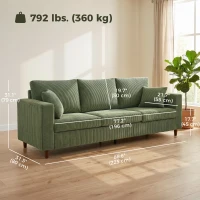HOMCOM 3 Seater Sofa with Wide Seat, Corduroy Couch with Deep Seat, Spring Cushion, Green(m-3)