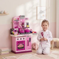Qaba Kids Play Kitchen with Lights, Sounds, 33 Accessories & Storage for Toddler 3-6 Years(m-8)