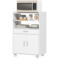 HOMCOM Microwave Cart with Wheels, Microwave Stand with Worktop, Open Shelves and Drawer, Storage Cabinet, White(m-2)