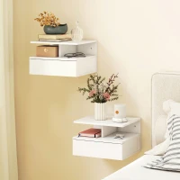 HOMCOM Floating Nightstand Set of 2, Wall Mounted Bedside Table with with Power Outlets, Drawer and Shelf, White(m-1)