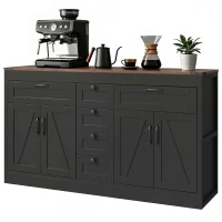 HOMCOM Sideboard Buffet Cabinet, 55" Farmhouse Kitchen Cabinet with 4 Barn Doors, 6 Drawers and 2 Adjustable Shelves, Black(m-2)