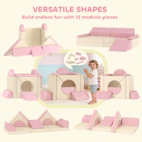 Qaba 12 PCS Modular Kids Play Couch, Child Sectional Sofa for Toddlers, Convertible Foam and Floor Cushion, Pink(m-4)