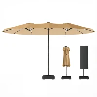 Outsunny Double-sided Patio Umbrella with Base Included & 48 LED Lights 15ft Khaki(m-2)