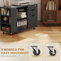 HOMCOM Filing Cabinet with Power Outlets File Cabinet Lockable Casters File Drawer Side Cubbies Black Wood Grain(m-7)