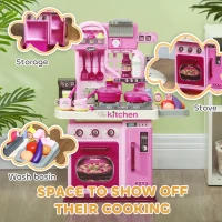 Qaba Kids Play Kitchen with Lights, Sounds, 33 Accessories & Storage for Toddler 3-6 Years(m-6)