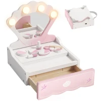 Qaba Kids Vanity Set, Makeup Table Toy with Lights, Mirror, Drawer, Accessories and Carry Handle for Girls 3-6 Years, Pink(m-13)