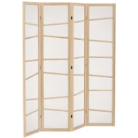 HOMCOM 66.9" Folding Room Divider, 4 Panel Wall Partition with Wood Frame for Bedroom, Home Office, Natural Wood(m-9)