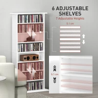 HOMCOM 8-Tier DVD Shelf with 6 Adjustable Shelves, Slim CD Shelf, Holds 360 CDs, 185 DVDs or 185 Blu-rays, White(m-5)