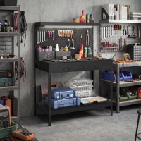 HOMCOM Workbench with LED Light and Power Strip, 43" Heavy Duty Work Table with Pegboard and Drawers for Garage Workshop, Black(m-8)