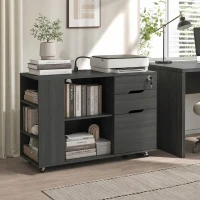 HOMCOM Filing Cabinet with Power Outlets File Cabinet Lockable Casters File Drawer Side Cubbies Black Wood Grain(m-1)