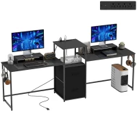HOMCOM 96 Inch Gaming Desk, Dual Computer Desk for 2 Person with Power Outlets and Monitor Stands, Black(m-9)