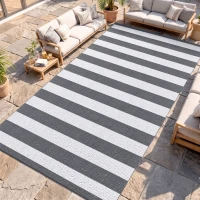 Outsunny Reversible Outdoor Rug, 9' x 18' Waterproof Plastic Straw Floor Mat, Portable RV Camping Carpet, Large Floor Mat for Backyard, Deck, Picnic, Beach, Gray & White Striped(m-2)