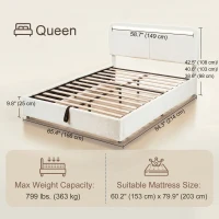 HOMCOM Queen Size Bed Frame with Charging Station, LED Lights, Adjustable Headboard, Upholstered Platform Bed Frame White(m-3)