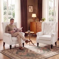 HOMCOM Button-Tufted Accent Chair with High Wingback, Rounded Cushioned Armrests and Thick Padded Seat, Cream White(m-9)