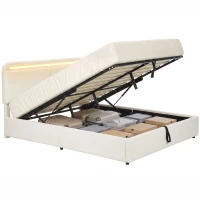 HOMCOM Queen Size Bed Frame with Charging Station, LED Lights, Adjustable Headboard, Upholstered Platform Bed Frame White(m-13)