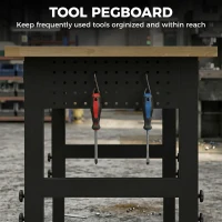 HOMCOM 60" Adjustable Workbench, Heavy Duty Work Table with Rubber Wood Top, Power Outlets, Pegboard, 2000 LBS Capacity(m-7)