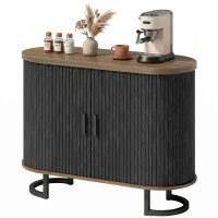 HOMCOM Sideboard Buffet Cabinet with Curved Tambour Doors, Thick Tabletop and Arc Metal Legs Brown and Black(m-2)
