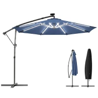 Outsunny 10 ft Offset Patio Umbrella with Solar Light, Garden Hanging Parasol with 360° Rotation, Tilt, Cover, Navy Blue(m-9)