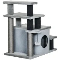 PawHut Adjustable Height 3 Step/4 Step Cat Stairs w/ Sisal Cat Scratching Post, Cat Condo, Toy Ball, for Bed, Sofa, Couch, Gray(m-11)
