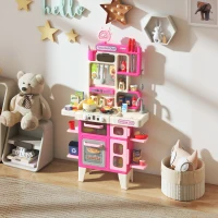 Qaba Pretend Play Kitchen Set with Realistic Lights & Sounds, 104PCS Toy Kitchen Accessories for Boys and Girls, Pink(m-10)