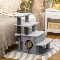 PawHut Adjustable Height 3 Step/4 Step Cat Stairs w/ Sisal Cat Scratching Post, Cat Condo, Toy Ball, for Bed, Sofa, Couch, Gray(m-2)