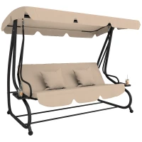 Outsunny 3-Seat Outdoor Patio Swing Chair, 2-in-1 Convertible Flat Bed, Canopy Swing with Adjustable Shade, Removable Cushions, Cup Holder, Light Brown(m-13)