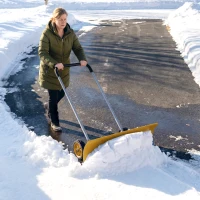 Outsunny 37-Inch Extra Wide Snow Shovel with Wheels, Heavy Duty Aluminum Snow Pusher with Ergonomic Adjustable Handle, Yellow(m-8)