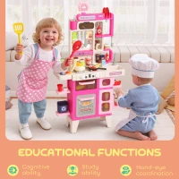 Qaba Pretend Play Kitchen Set with Realistic Lights & Sounds, 104PCS Toy Kitchen Accessories for Boys and Girls, Pink(m-8)