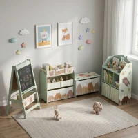 Qaba Kids Bookshelf with Storage, Toy Storage Unit with Book Display, Shelves and Fabric Drawers for Playroom Nursery, Green(m-8)