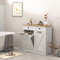 HOMCOM Tilt Out Laundry Cabinet, Bathroom Storage Cabinet with 2 Removable Baskets and 2 Drawers, White(m-7)