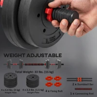 Soozier 33lbs 2-in-1 Adjustable Dumbbells Weight Set, Dumbbell Hand Weights Barbell for Body Fitness, Lifting Training for Home, Office, Gym, Black and Red(m-6)