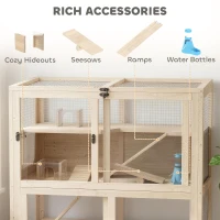 PawHut Wooden Hamster Cage, 4 Tier Small Animal Cage with Mesh Flip Roof, Pull-Out Tray, Huts, Seesaws, Ramps and Water Bottles(m-6)