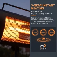 Outsunny Electric Patio Heater, 1500 W Standing IP65 Outdoor Infrared Heater with Tripod, 3 Heat Levels, 24H Timer, Black(m-5)