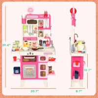 Qaba Pretend Play Kitchen Set with Realistic Lights & Sounds, 104PCS Toy Kitchen Accessories for Boys and Girls, Pink(m-3)