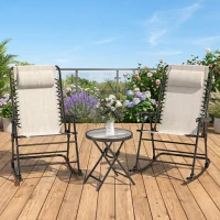 Outsunny 3pc Patio Rocking Chair Set, Folding Outdoor Rocking Chairs and Table Bistro Set w/ Breathable Mesh Seat & Backrest, Headrest for Park, Backyard, Garden, Cream White(m-8)