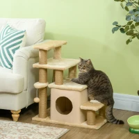 PawHut Adjustable Height 3 Step/4 Step Cat Stairs w/ Jute Cat Scratching Post, Cat Condo, Toy Ball, for Bed, Sofa, Couch, Beige(m-2)