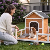PawHut Outdoor Wooden Dog House, Dog Shelter with Large Porch, Weatherproof & Openable Roof, Elevated Base, Removable Floor(m-2)