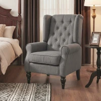 HOMCOM Wingback Accent Chair for Living Room, Button-Tufted Lounge Chair with Round Armrests and Wood Legs, Dark Gray(m-8)