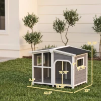 PawHut Cabin-Style Wooden Dog House for Large Dogs with Openable Roof & Giant Window,Gray(m-3)
