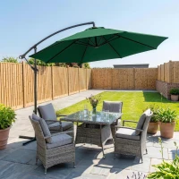 Outsunny 10' Deluxe Patio Umbrella, Outdoor Market Parasol, Banana Hanging Offset Sunshade with Crank, Cross Base, Dark Green(m-1)