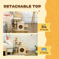 PawHut Adjustable Height 3 Step/4 Step Cat Stairs w/ Jute Cat Scratching Post, Cat Condo, Toy Ball, for Bed, Sofa, Couch, Beige(m-4)