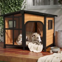 PawHut Cabin-Style Wooden Dog House for Large Dogs with Openable Roof & Giant Window, Yellow(m-2)