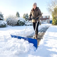 Outsunny 37-Inch Extra Wide Snow Shovel with Wheels, Heavy Duty Aluminum Snow Pusher with Ergonomic Adjustable Handle, Blue(m-10)